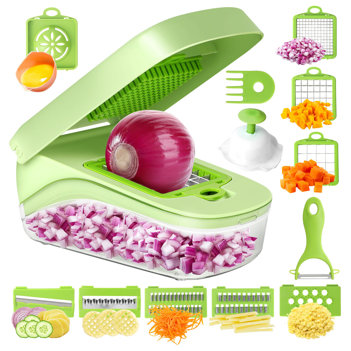 14-in-1 Vegetable Chopper & Slicer | Multi-Function Mandoline Dicer & Grater | Green