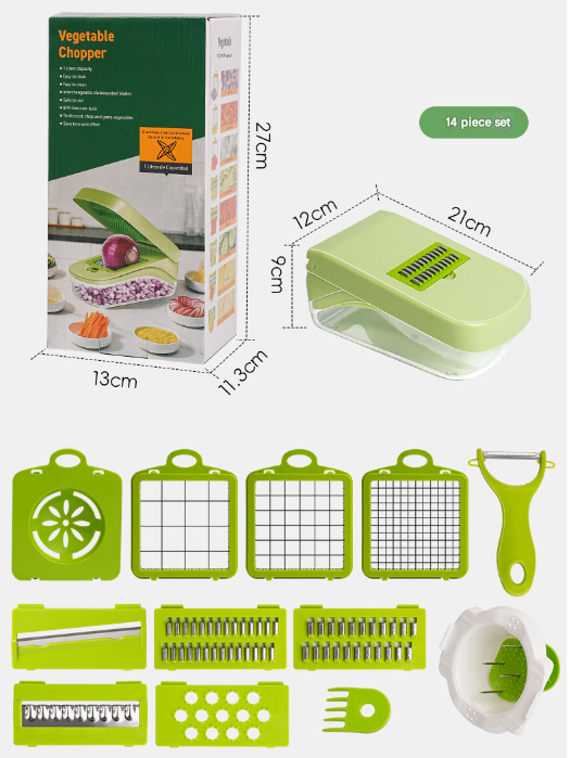 14-in-1 Vegetable Chopper & Slicer | Multi-Function Mandoline Dicer & Grater | Green