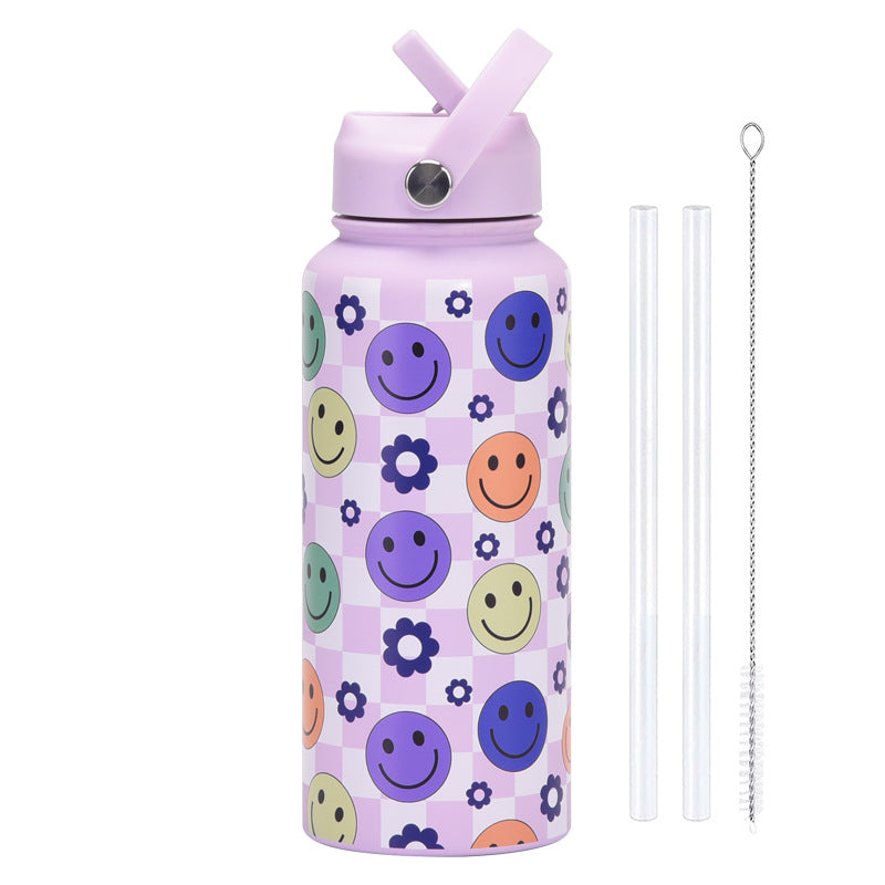Insulated Water Bottle 1L | Style 27A Purple Smiley Face Print | Stainless Steel with Straw Lid & Handle | BPA-Free