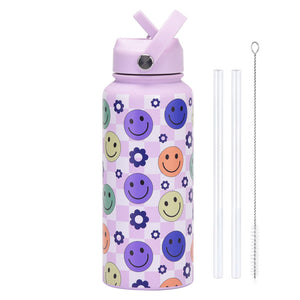 Insulated Water Bottle 1L | Style 27A Purple Smiley Face Print | Stainless Steel with Straw Lid & Handle | BPA-Free