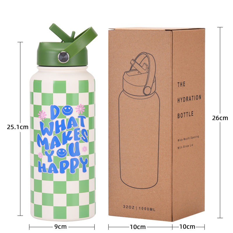 Insulated Water Bottle 1L | Style 27A Purple Smiley Face Print | Stainless Steel with Straw Lid & Handle | BPA-Free