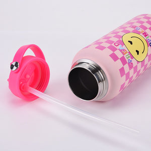 Insulated Water Bottle 1L | Style 27A Purple Smiley Face Print | Stainless Steel with Straw Lid & Handle | BPA-Free