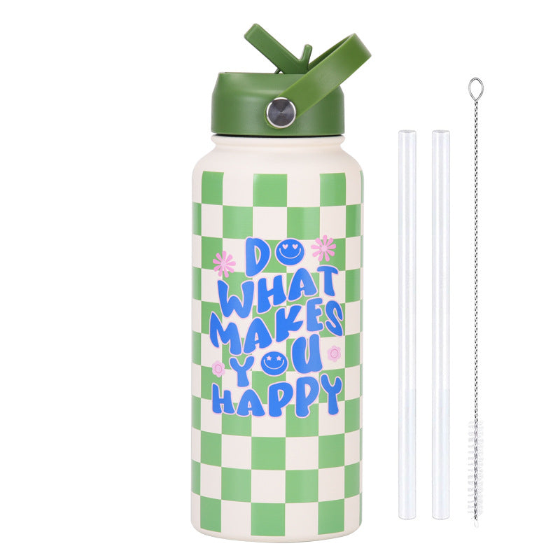 Insulated Water Bottle 1L | Style 23J Green & White Plaid | Stainless Steel with Straw Lid & Handle | BPA-Free