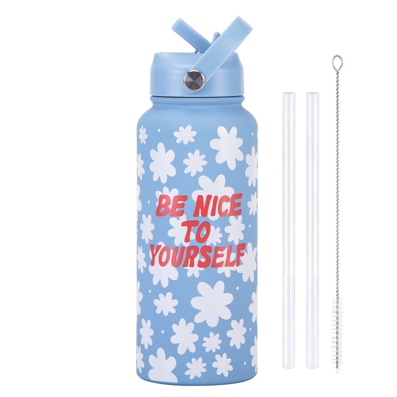 Insulated Water Bottle 1L | Style 19A Blue & White Plaid | Stainless Steel with Straw Lid & Handle | BPA-Free