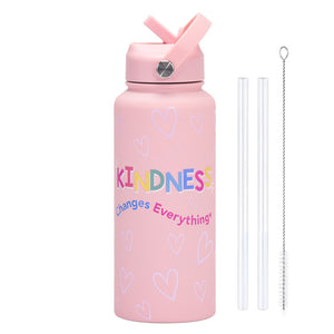 Insulated Water Bottle 1L | Style 11A Pink Fun Print | Stainless Steel with Straw Lid & Handle | BPA-Free