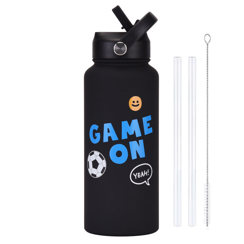 Insulated Water Bottle 1L | Style 9B Black Fun Print | Stainless Steel with Straw Lid & Handle | BPA-Free