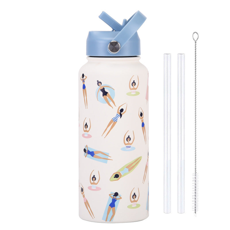 Insulated Water Bottle 1L | Style 23C White & Blue Fun Print | Stainless Steel with Straw Lid & Handle | BPA-Free