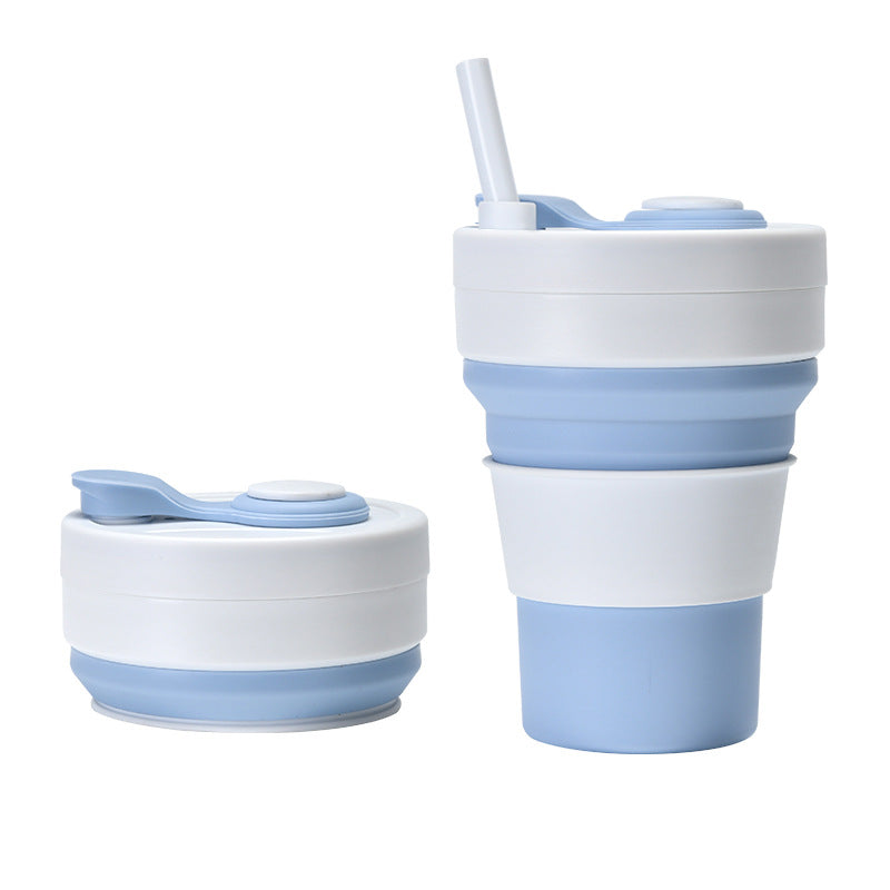 Collapsible Silicone Travel Cup 350ml 2PC | Leak-Proof Food-Grade Mug with Lid, Sleeve & Straw | White & Blue