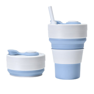 Collapsible Silicone Travel Cup 350ml 2PC | Leak-Proof Food-Grade Mug with Lid, Sleeve & Straw | White & Blue