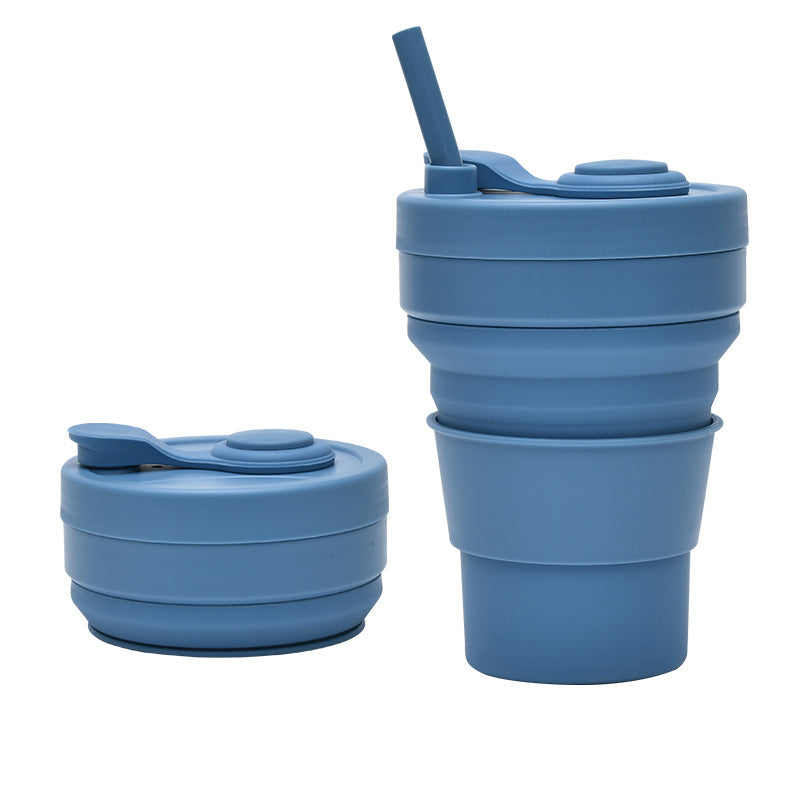Collapsible Silicone Travel Cup 350ml 2PC | Leak-Proof Food-Grade Mug with Lid, Sleeve & Straw | Dark Blue
