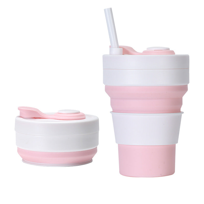 Collapsible Silicone Travel Cup 350ml 2PC | Leak-Proof Food-Grade Mug with Lid, Sleeve & Straw | White & Pink