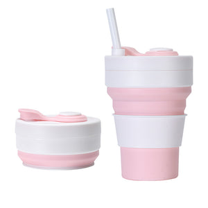 Collapsible Silicone Travel Cup 350ml 2PC | Leak-Proof Food-Grade Mug with Lid, Sleeve & Straw | White & Pink