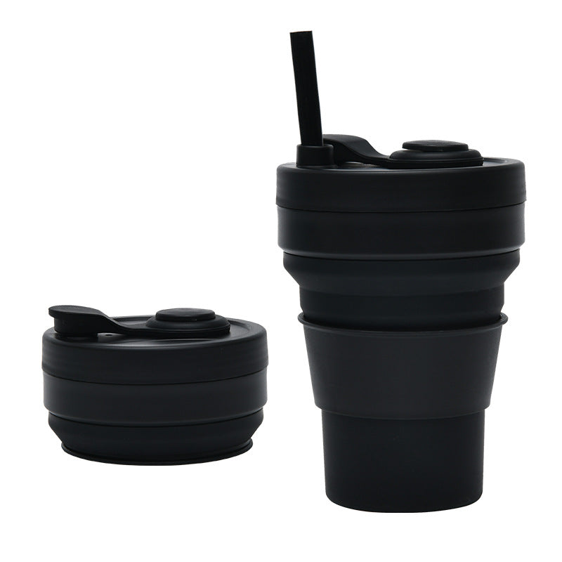 Collapsible Silicone Travel Cup 350ml 2PC | Leak-Proof Food-Grade Mug with Lid, Sleeve & Straw | Black
