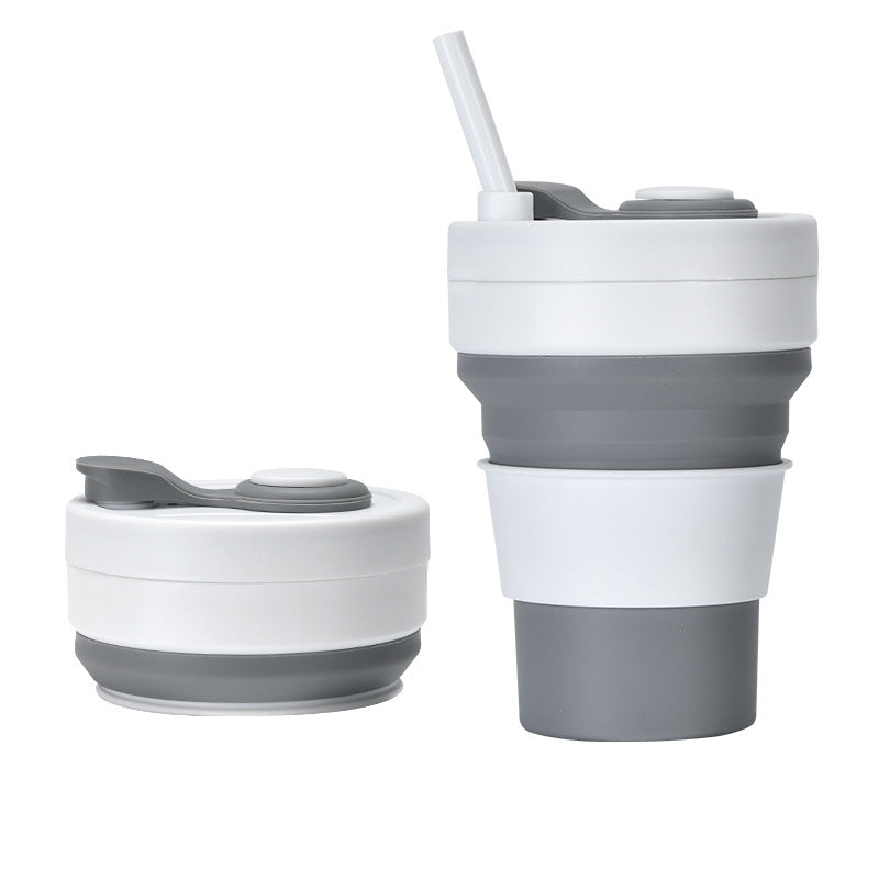 Collapsible Silicone Travel Cup 350ml 2PC | Leak-Proof Food-Grade Mug with Lid, Sleeve & Straw | White & Grey