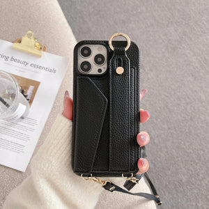 PU Leather Crossbody Wallet Case | iPhone 16 | Black | Card Holder + Strap + Ring Grip