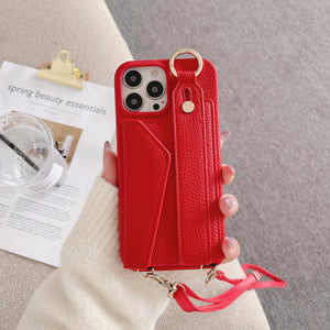 PU Leather Crossbody Wallet Case | iPhone 16 Pro | Red | Card Holder + Strap + Ring Grip
