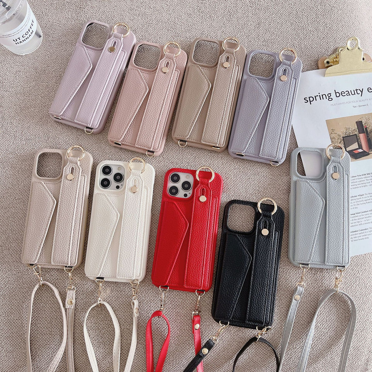 PU Leather Crossbody Wallet Case | iPhone 16 Pro Max | Beige | Card Holder + Strap + Ring Grip