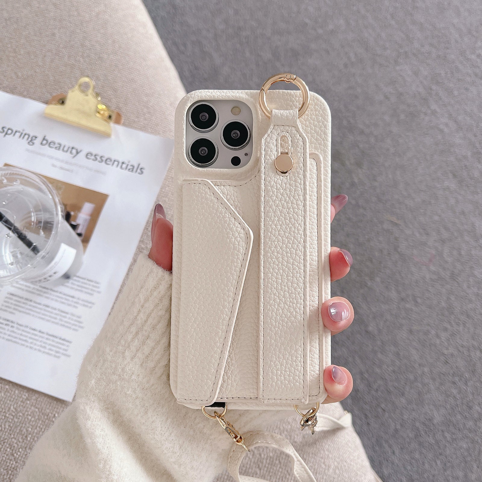 PU Leather Crossbody Wallet Case | iPhone 16 | Beige | Card Holder + Strap + Ring Grip
