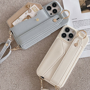 PU Leather Crossbody Wallet Case | iPhone 16 | Beige | Card Holder + Strap + Ring Grip
