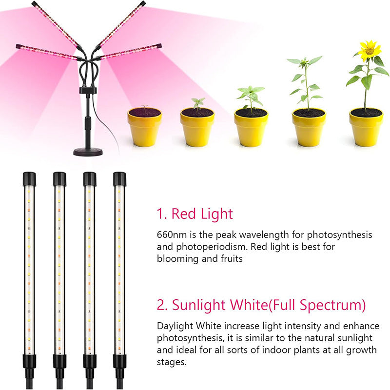LED Grow Light | 4-Head | Adjustable Full Spectrum | Desktop Plant Lamp | USB Powered | Black