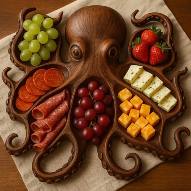 Solid Wood Octopus Charcuterie Board | Style B | Artisan Crafted | Brown