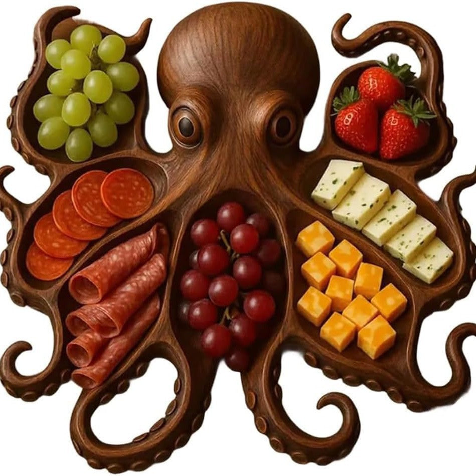 Solid Wood Octopus Charcuterie Board | Style B | Artisan Crafted | Brown