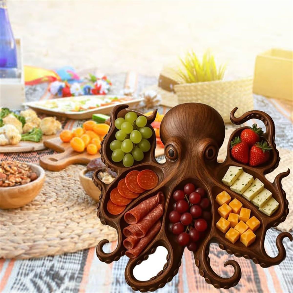 Solid Wood Octopus Charcuterie Board | Style B | Artisan Crafted | Brown