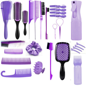 Hair Styling & Care Kit | 27-Piece | Detangler, Combs & Accessories | Purple