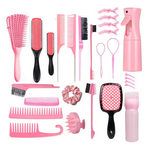 Hair Styling & Care Kit | 27-Piece | Detangler, Combs & Accessories | Pink