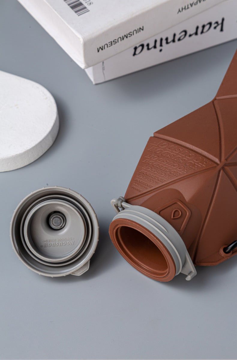 Foldable Silicone Water Bottle 700ml | Leakproof Travel & Sports Hydration | Brown Cup Lid & Grey Body