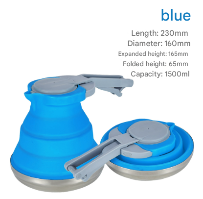 Collapsible Silicone Camping Kettle 1.5L | Portable Foldable Travel Water Boiler with Stainless Steel Base | Blue