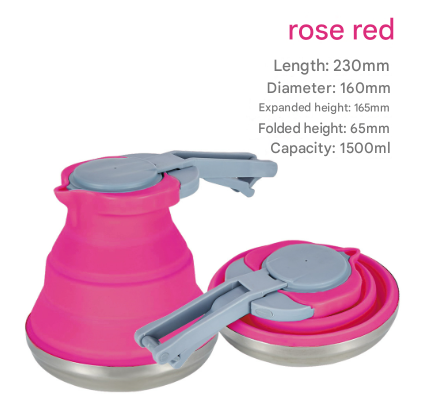 Collapsible Silicone Camping Kettle 1.5L | Portable Foldable Travel Water Boiler with Stainless Steel Base | Rose Red