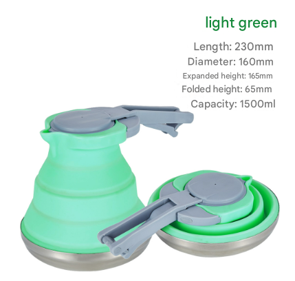 Collapsible Silicone Camping Kettle 1.5L | Portable Foldable Travel Water Boiler with Stainless Steel Base | Light Green