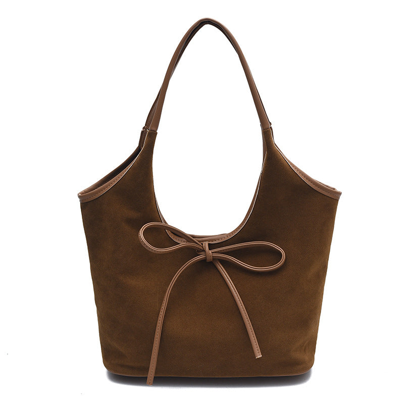 Retro Tote Bag | Suede Finish PU Leather | Large Shoulder Bag with Tie Accent | Brown