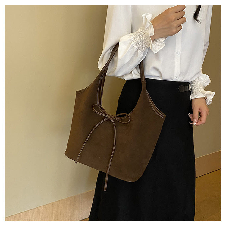 Retro Tote Bag | Suede Finish PU Leather | Large Shoulder Bag with Tie Accent | Brown