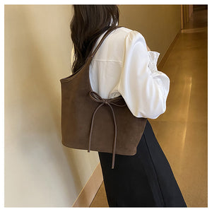Retro Tote Bag | Suede Finish PU Leather | Large Shoulder Bag with Tie Accent | Brown