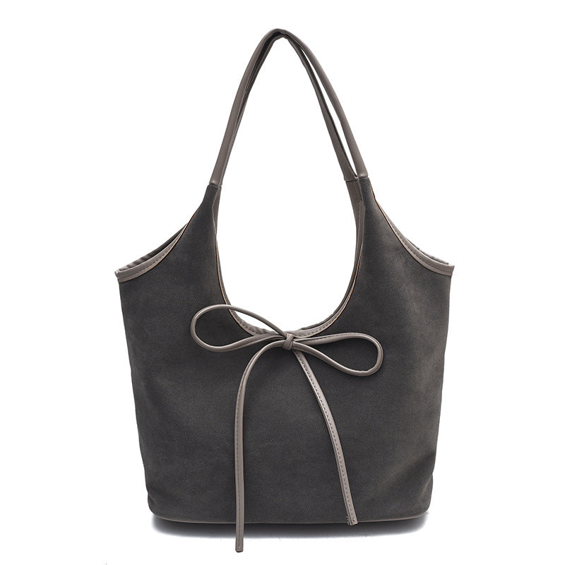 Retro Tote Bag | Suede Finish PU Leather | Large Shoulder Bag with Tie Accent | Grey