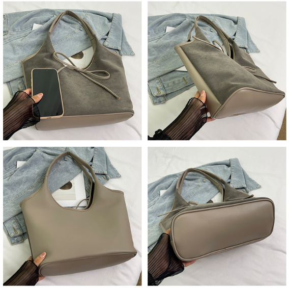 Retro Tote Bag | Suede Finish PU Leather | Large Shoulder Bag with Tie Accent | Grey