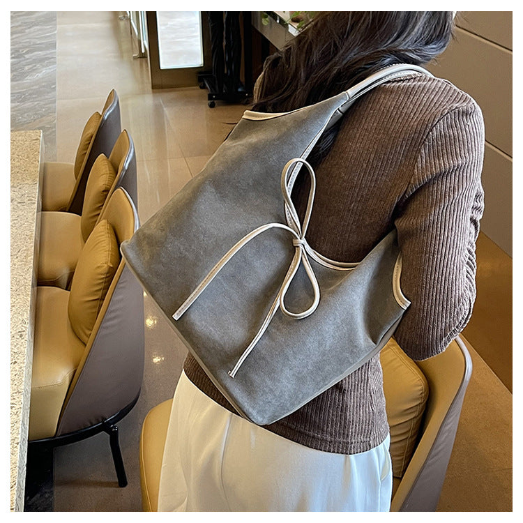 Retro Tote Bag | Suede Finish PU Leather | Large Shoulder Bag with Tie Accent | Grey