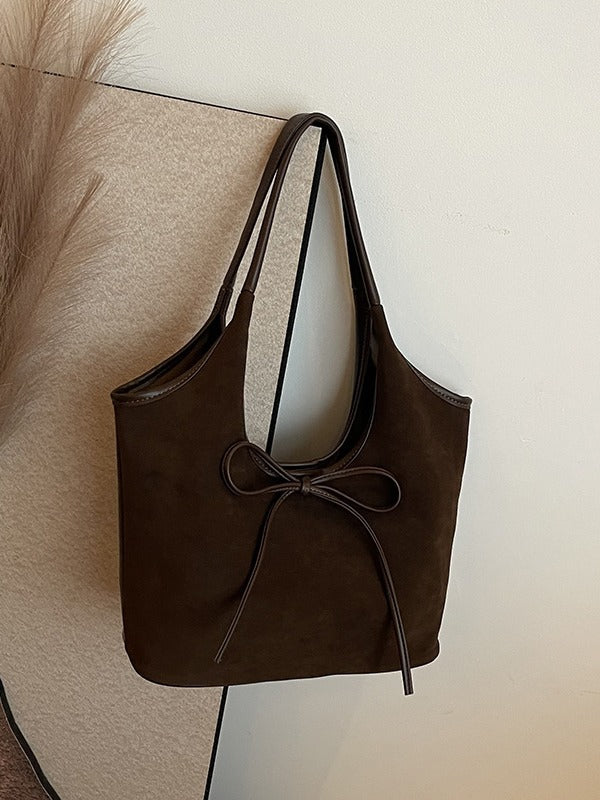Retro Tote Bag | Suede Finish PU Leather | Large Shoulder Bag with Tie Accent | Coffee