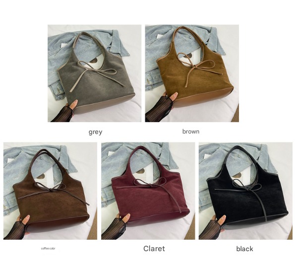 Retro Tote Bag | Suede Finish PU Leather | Large Shoulder Bag with Tie Accent | Coffee