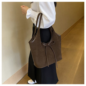 Retro Tote Bag | Suede Finish PU Leather | Large Shoulder Bag with Tie Accent | Coffee
