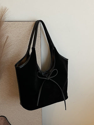 Retro Tote Bag | Suede Finish PU Leather | Large Shoulder Bag with Tie Accent | Black