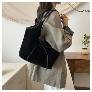 Retro Tote Bag | Suede Finish PU Leather | Large Shoulder Bag with Tie Accent | Black