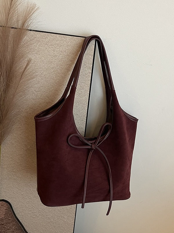 Retro Tote Bag | Suede Finish PU Leather | Large Shoulder Bag with Tie Accent | Claret Red