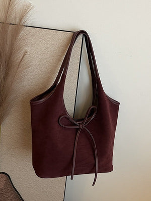 Retro Tote Bag | Suede Finish PU Leather | Large Shoulder Bag with Tie Accent | Claret Red