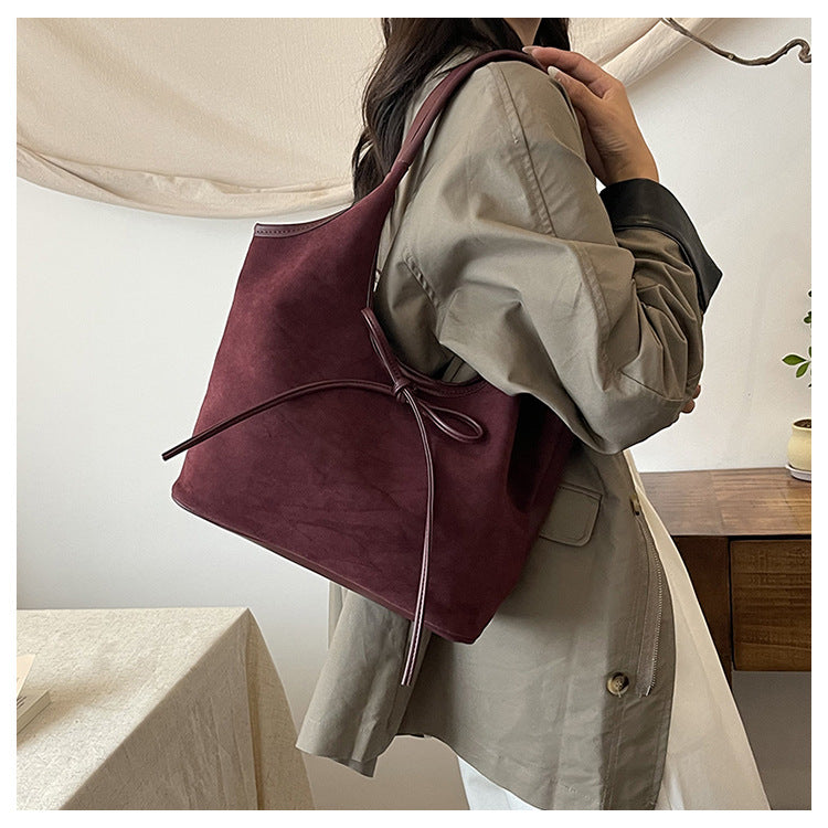 Retro Tote Bag | Suede Finish PU Leather | Large Shoulder Bag with Tie Accent | Claret Red