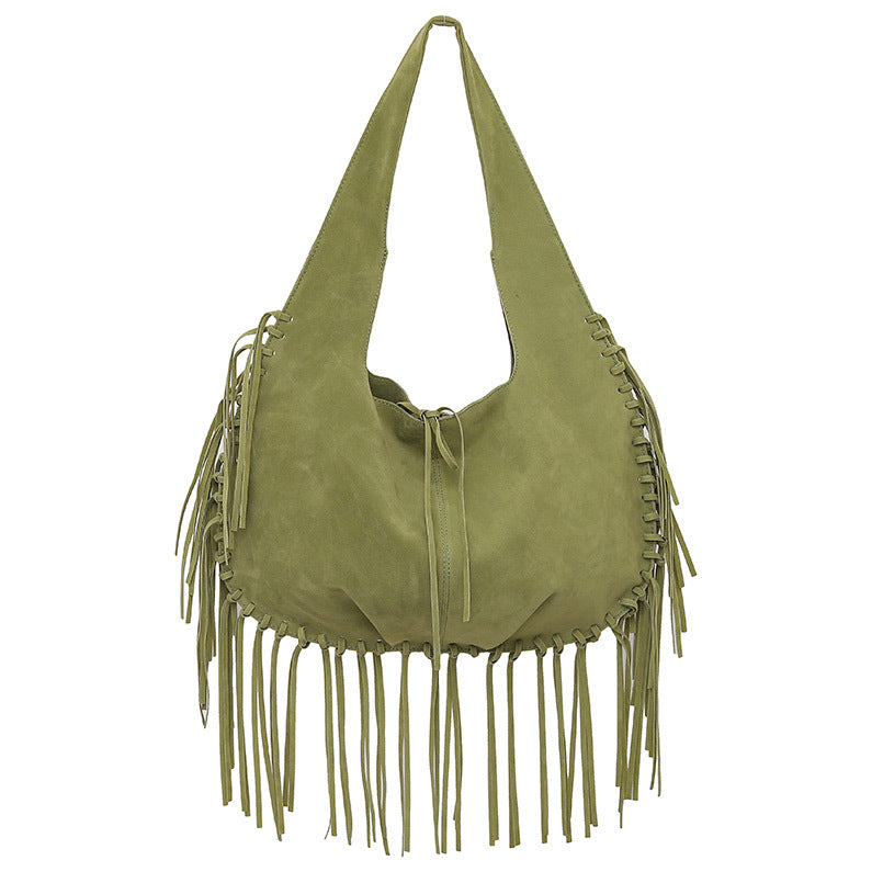 Hobo Tote Bag | Boho Chic | Soft Faux Suede | Large Capacity | Fringed Tassel | Green