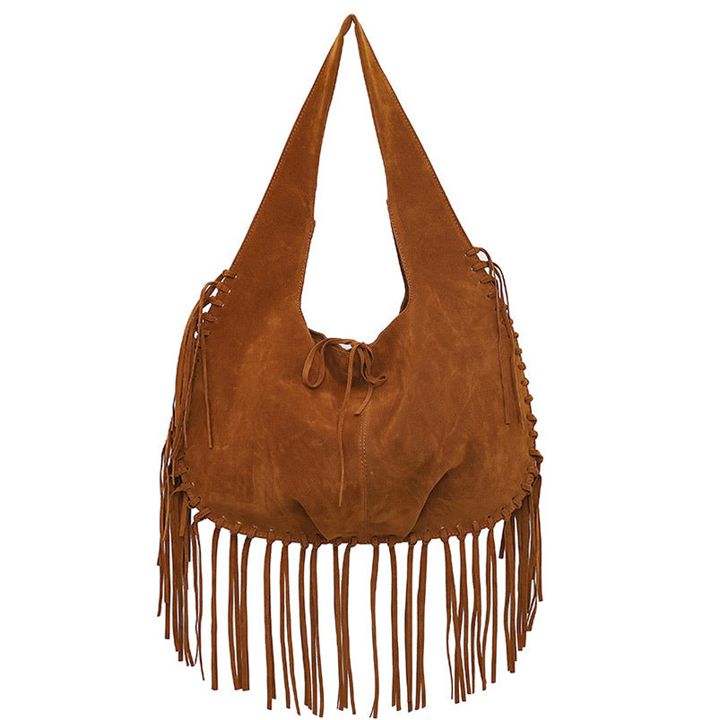 Hobo Tote Bag | Boho Chic | Soft Faux Suede | Large Capacity | Fringed Tassel | Brown
