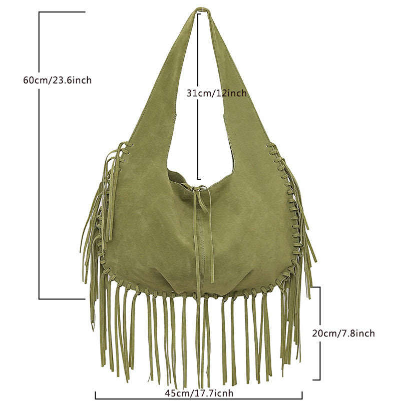 Hobo Tote Bag | Boho Chic | Soft Faux Suede | Large Capacity | Fringed Tassel | Brown